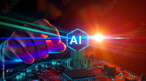 Futuristic AI Circuit Interaction with Colorful Lens Flares and Human Touch in Golden Hour Light and Neon Glow