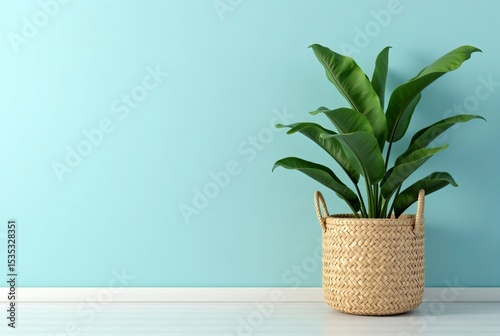 Green Plant in Woven Basket Against Light Blue Wall