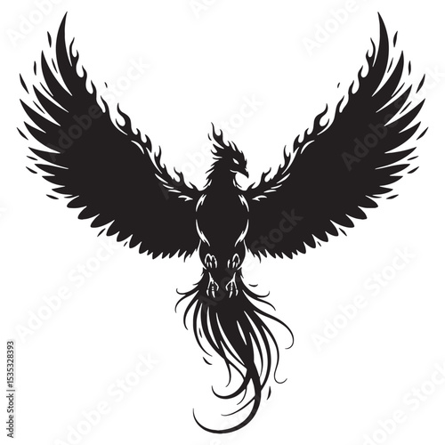 Enigmatic Shadowy Phoenix Guardian of Flames Graphic Vector with Regal Posture and Powerful Form - phoenix silhouette - phoenix vector - silhouette of phoenix - mythical creature vector
