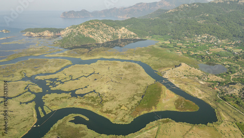 Fototapeta Naklejka Na Ścianę i Meble -  Aerial drone view of Dalyan delta and Iztuzu beach. Turkey. 