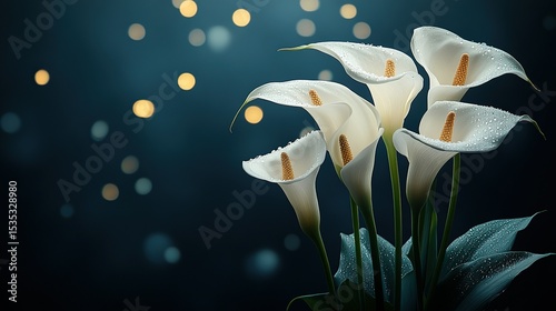 Elegant Calla Lilies, Dark Background, Bokeh Lights, Sympathy Card