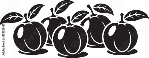 Stylized Black and White Illustration of Plums with Leaves
