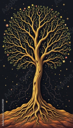 Vector illustration of a tree at night with branches and leaves in a natural pattern, conveying life in all seasons.