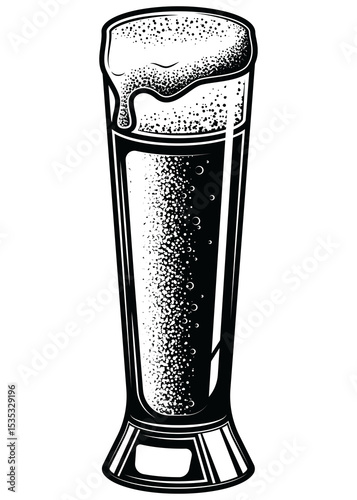 Black and white illustration of a glass of beer with foam, made in a retro engraving style. The graphic is perfect for logos, posters, bar menus, packaging or clothing.