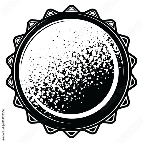 Vintage bottle cap illustration in engraving style. Black and white design with dotted hatching. Classic element for beer labels, bars, restaurants, beverage packaging and advertising.