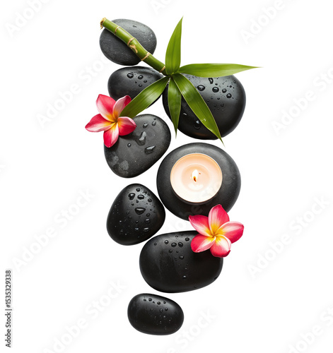 Zen Spa Composition with Stones, Candle, and Flowers