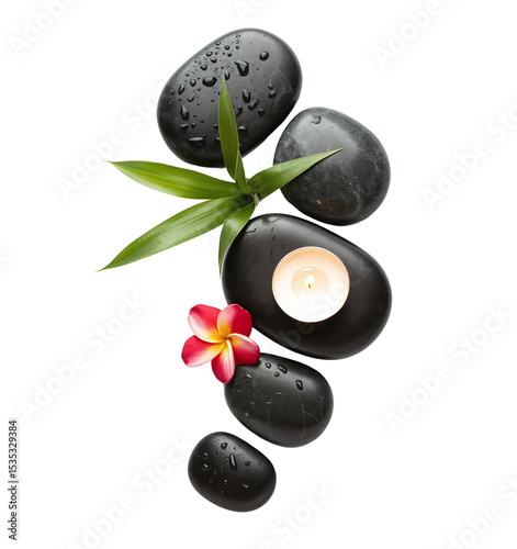Zen Spa Composition with Stones, Candle, and Flowers