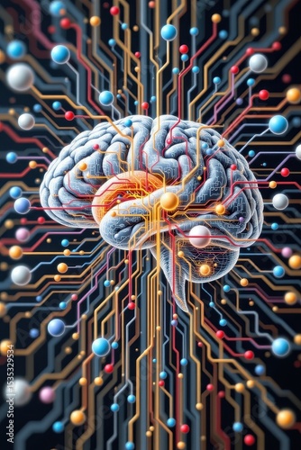 wireframe human brain layered over neural pathway diagram, medical and abstract fusion