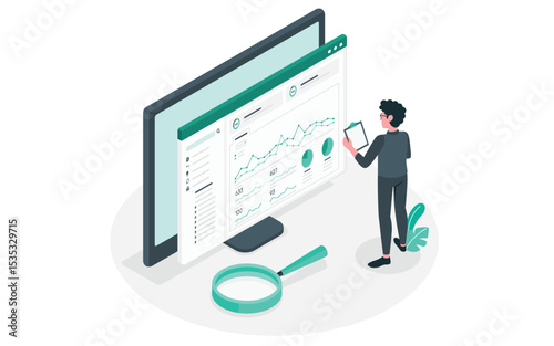 a man with analyzes infographics. diagrams  bar charts  reports trending concept flat illustration