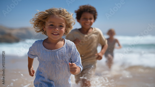 Joyful children running on a sunny beach creating happy memories photo