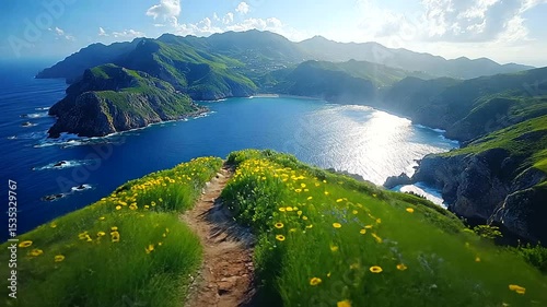 Scenic trail with wildflowers leading to stunning ocean views and mountain landscapes