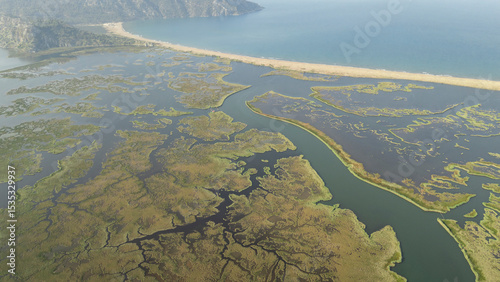 Fototapeta Naklejka Na Ścianę i Meble -  Aerial drone view of Dalyan delta and Iztuzu beach. Turkey. 