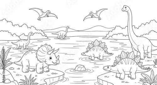Wallpaper Mural Dinosaur coloring page for kids printable, cute dinosaurs in prehistoric landscape outline drawing on transparent background Torontodigital.ca