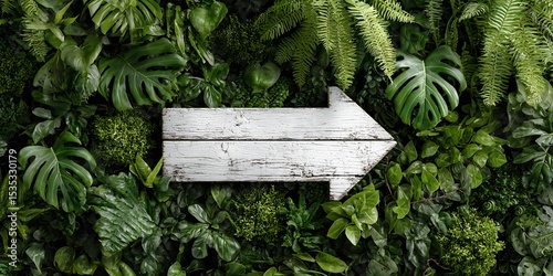 Clean white wooden arrow sign points right, set against a lush vertical garden wall. The background is a vibrant tapestry of tropical foliage.
