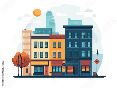 Flat Vector Illustration of a City Edge Scene with Rows of Three-Story Apartment Buildings in a Clean Urban Layout