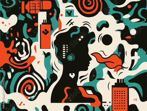 Memphis Style Abstract Art of a Human Side Silhouette Surrounded by Symbols of Mental Overload and Burnout in a Bold, Expressive Composition