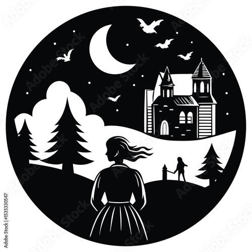 Mysterious Night Woman Gazing at a Gothic Castle Under the Crescent Moon