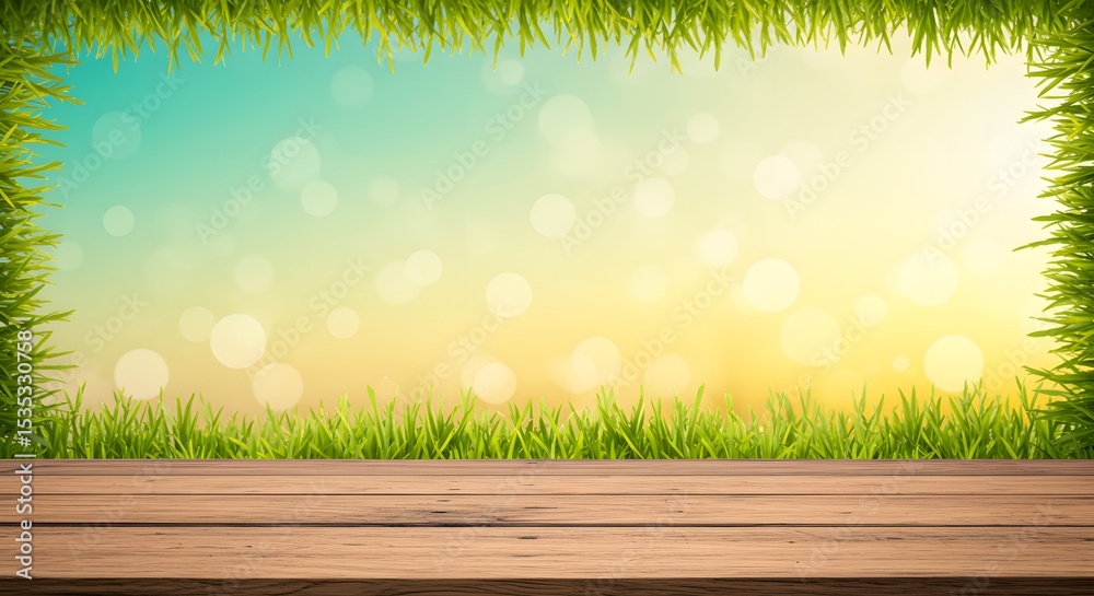 Obraz premium Spring Green Grass Frame with Bokeh and Wooden Table Photograph