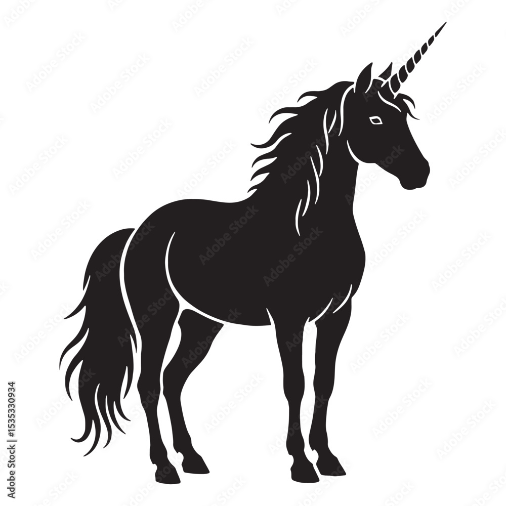 Obraz premium Majestic Dark Unicorn Mystical Creature Silhouette Outline with Flowing Mane and Tail - unicorn silhouette - unicorn vector - silhouette of unicorn - Unicorn illustration - legendary beast icon 