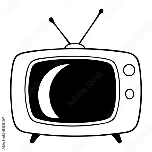 Simple line art illustration of a retro television with antenna and curved screen for vintage concepts