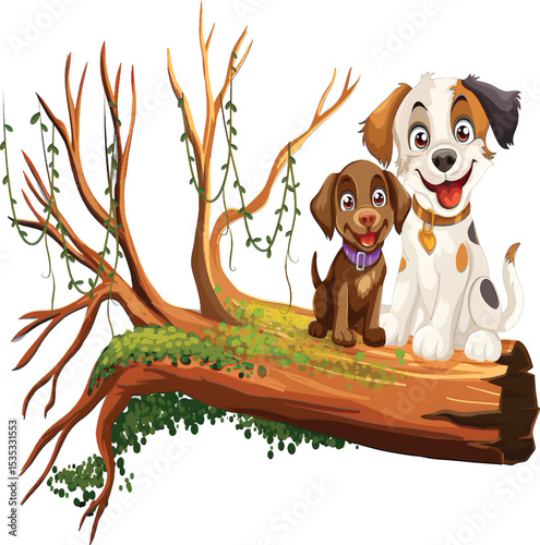 Adorable Puppies Perched Happily on a Wooden Tree, Sharing a Cheerful Moment in Nature's Embrace.