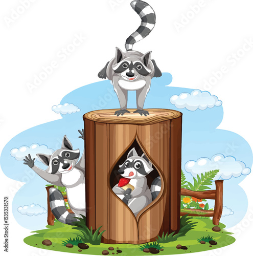 Curious Raccoon Trio Frolicking Joyfully Through a Leafy Park Filled with Fun, Laughter, and Playful Energy.