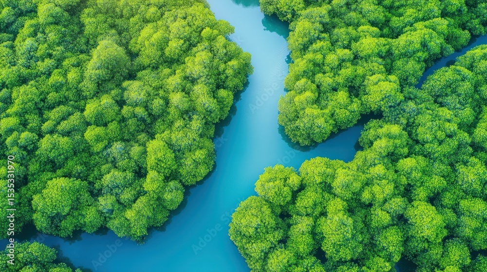 Naklejka premium Lush green mangrove forest, turquoise river winding through