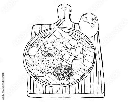 Line Art Asian Dessert Set on Wooden Board - Hand Drawn Illustration outline simple.