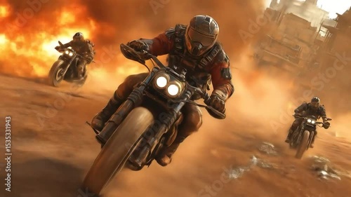 Post-Apocalyptic Riders on Motorcycles in a Dusty Desert