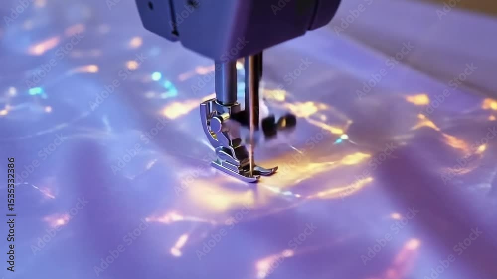 Close-up of sewing machine needle stitching vibrant fabric, threads transforming glowing stars constellations, swirling galaxy patterns fabric, cosmic ethereal dreamy lighting, high detail macro shot