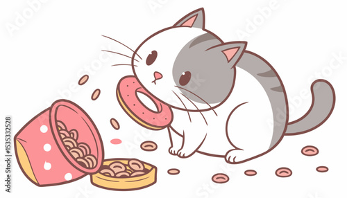 Chubby kitty eating all the treats.           