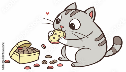 Chubby kitty eating all the treats.           