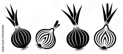 Black and white onion vegetable illustrations