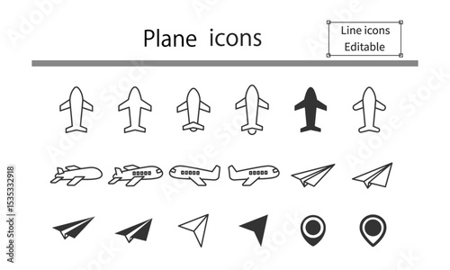飛行機のアイコン、ラインベクター、編集可能