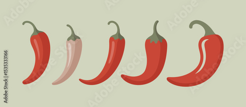 Five red chili peppers in a row illustration
