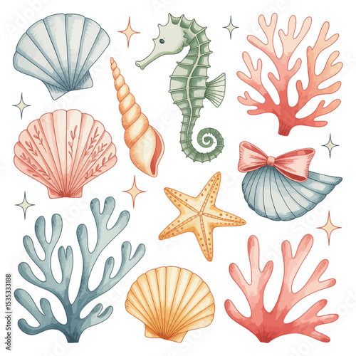 Cute watercolor seashells starfish seaweed seahorse