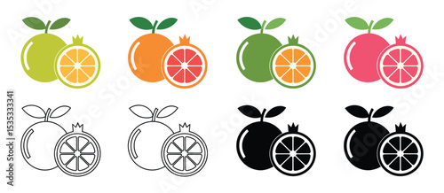 Colorful fruit icons set whole and sliced citrus