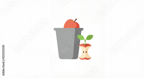 Illustration of a garbage bin with an apple and apple core with leaves  