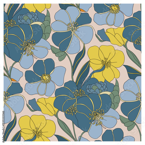 Elegant seamless floral pattern in blue, yellow, and blush nude with gold outlines. Perfect for fabric, luxury stationery, feminine branding, wallpaper, and spring fashion prints.