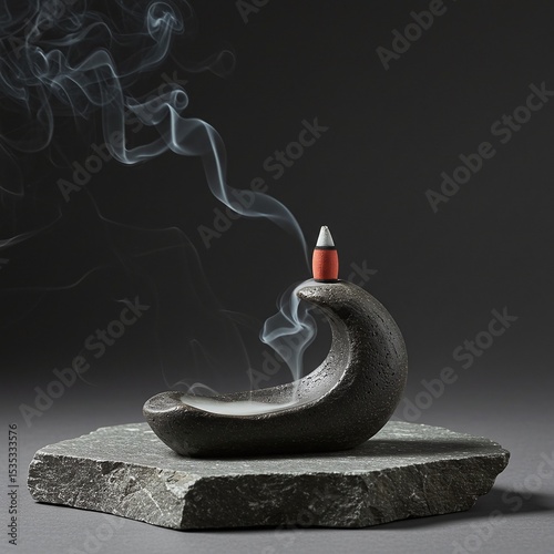 Artistic modern incense holder with curling smoke on textured dark stone base display