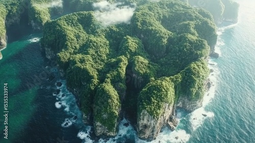Lush green island cliffs meet turquoise ocean waves in aerial view