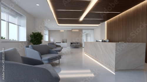 Bright office reception waiting area.