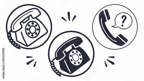 Vector illustration of retro telephone icons with communication symbols, depicting various scenarios of interaction, clean design, copy space