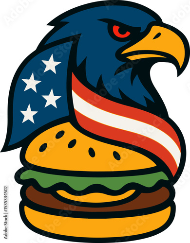 American patriotic eagle mascot with a patriotic flag design wrapped around a classic burger.
