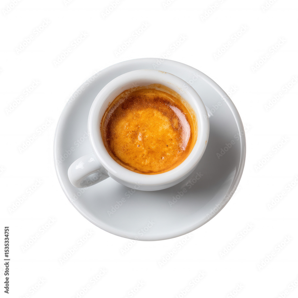 Naklejka premium A close-up view of a cup of espresso on a saucer, showcasing the rich crema on top, isolated on a white background.