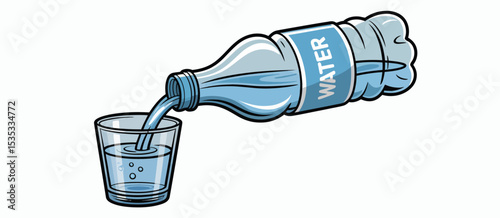 Pouring water from bottle into glass cartoon illustration