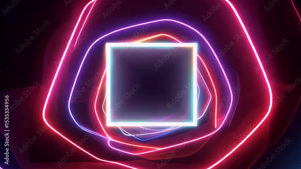 Vivid strands candy neon vapour spiral hypnotically around radiant central square forming high energy vortex whose endless K rotation provides motion design video ers ready made focal frame headlines
