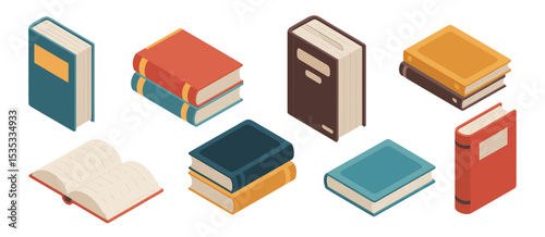 Collection of isometric books in various colors and sizes
