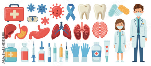 Healthcare icons doctors and medical supplies illustration