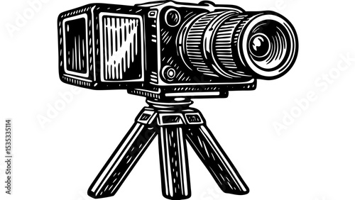 Vector illustration of a vintage camera on a tripod, symbolizing photography and creativity, clean design, copy space